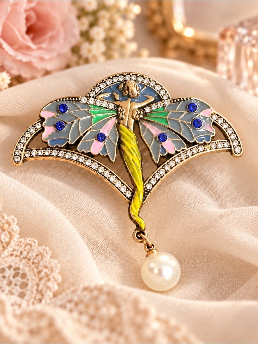 Dragonfly Enamel Brooch with Pearl Drop - Pastel Multicolor